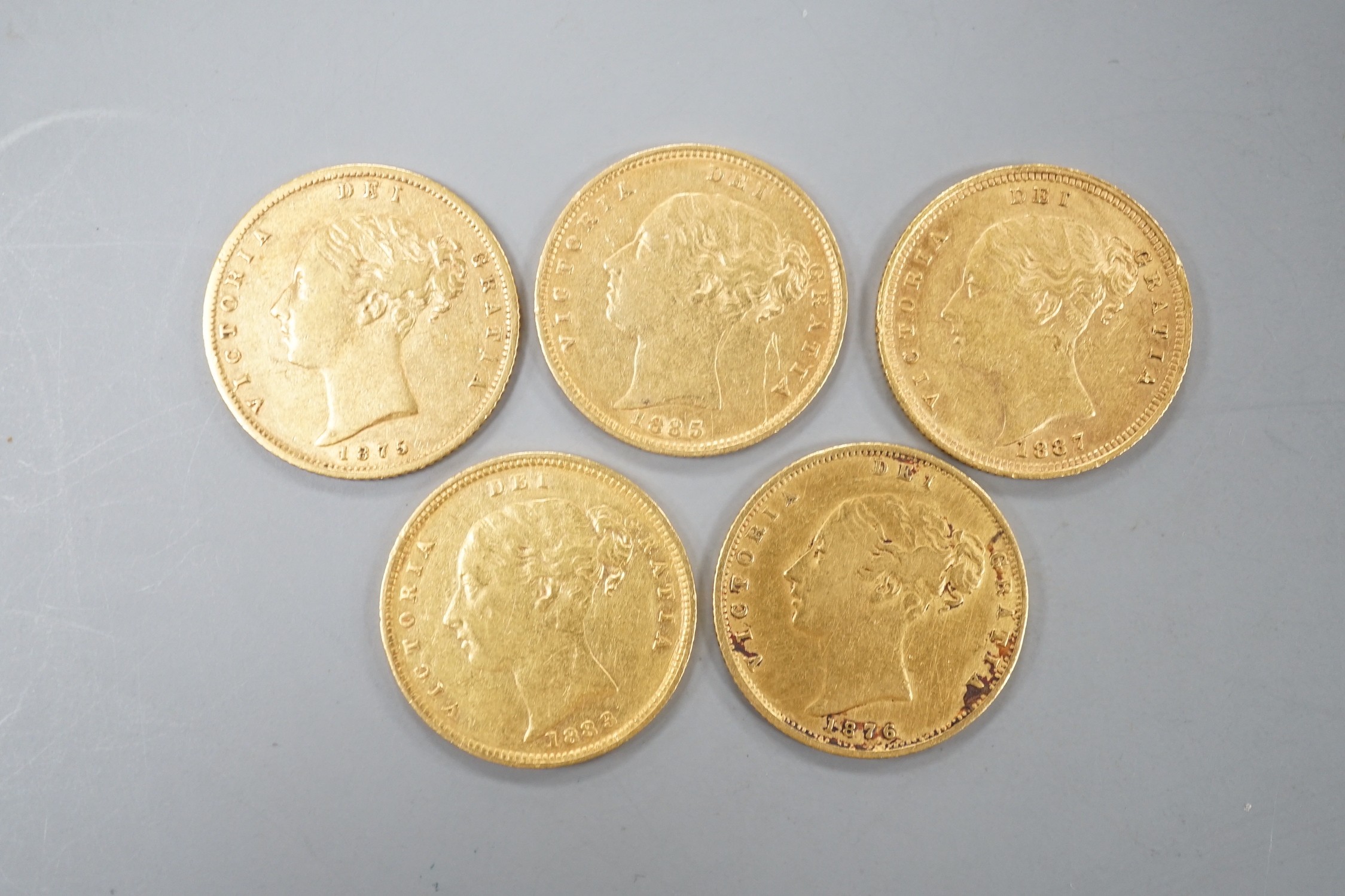 Five Victoria gold half sovereigns, 1875,76, 83,85 & 87